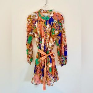 Antonio Melani multi color paisley print long sleeved mini dress with sash